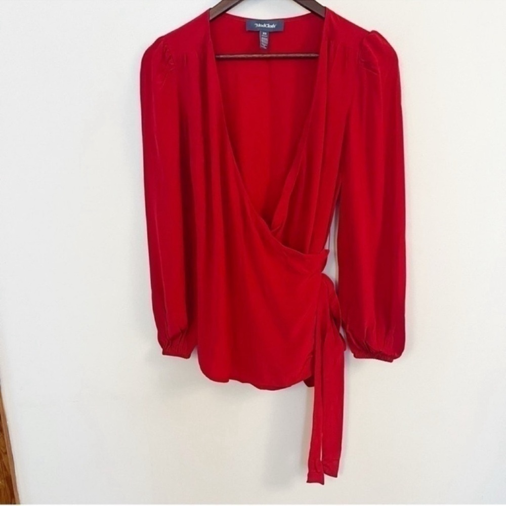 Modcloth V-neck Wrap front Red Long Sleeve Blouse Size XS NEW Tie Waist